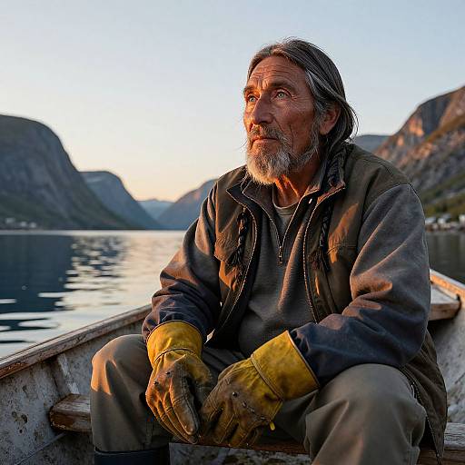 Photograph of a weathered, bearded fisherman with gray hair, wearing a brown jacket, yellow gloves, and beige pants, seated on a