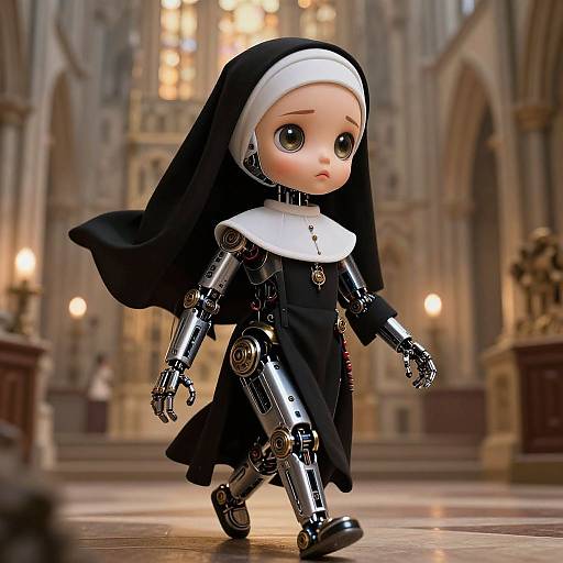 Photorealistic CGI of a robotic nun doll with large, expressive eyes, wearing a black habit and white wimple, walking in a grand, lit