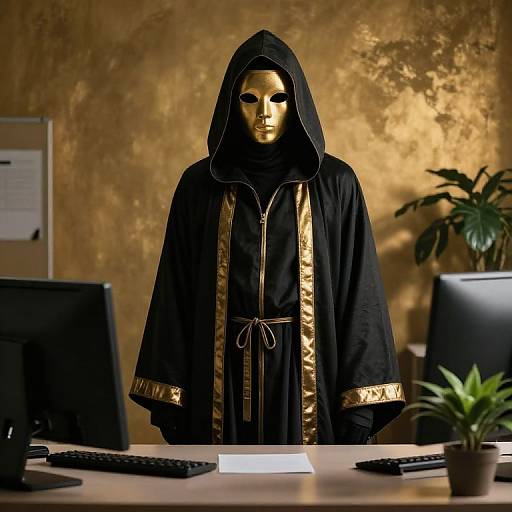Mysterious figure in black hooded robe with gold accents and gold face mask stands in office with computer, plant, and paperwork.