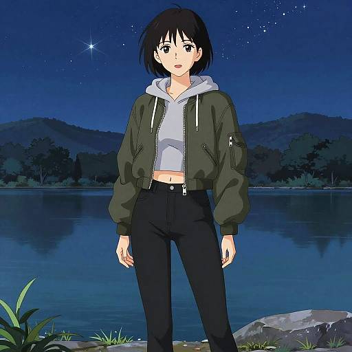 Stylish Woman by Lake at Night