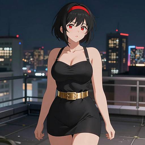 Nighttime Rooftop Anime Woman Illustration