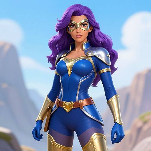 Digital art of a confident, purple-haired woman in a blue and gold superhero suit with heart-shaped belt, standing against a mountainous sky backdrop.