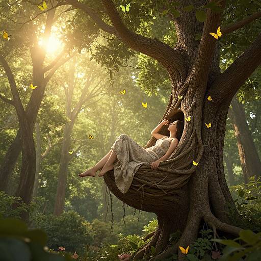 Photograph of a woman in a white dress, lounging in a tree hollow, surrounded by sunlight, butterflies, and lush forest.