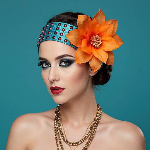 Photograph of a woman with fair skin, dark hair, blue headband with red dots, large orange flower, bold red lipstick, and gold necklace