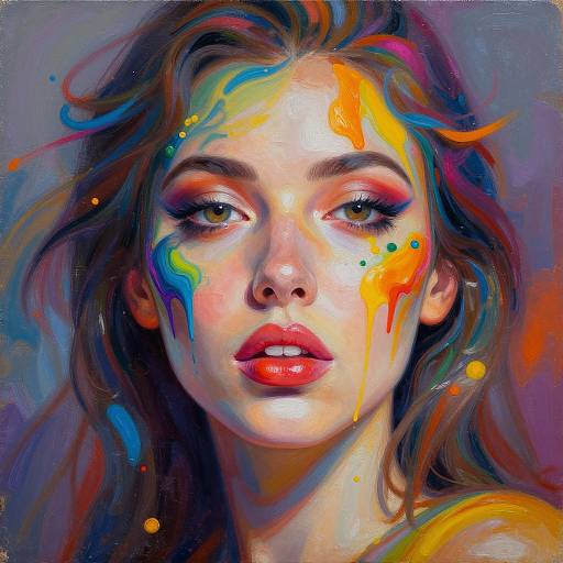 Vibrant digital painting of a woman with colorful paint splatters on her face, intense red lips, and expressive eyes, set against a vivid,