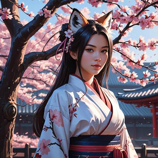 Fantasy Woman with Fox Ears in Kimono by Sakura Tree
