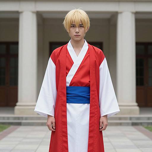 Blonde anime-style boy in red and white kimono with blue obi, standing in front of a classical building with columns.