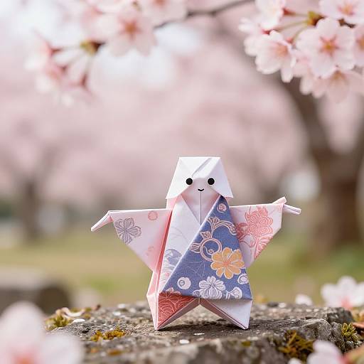 Photograph of a paper star-shaped origami with floral patterns, black dots for eyes, and a smile, standing on a mossy tree stump amidst