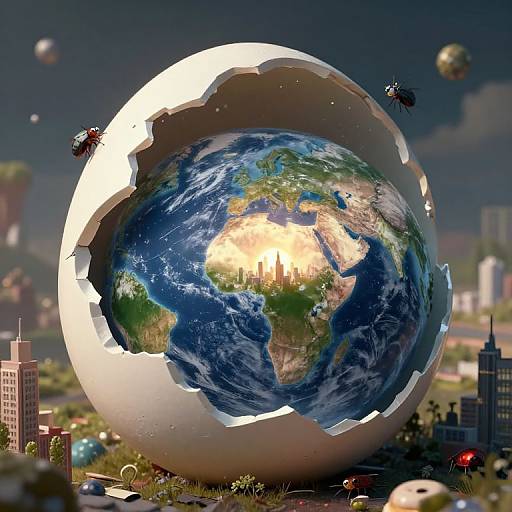 Photorealistic CGI: giant cracked Earth sphere with blue oceans, green landmasses, and cityscape under attack by hovering black drones and insects.