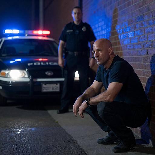 Crouching Man Under Blue Patrol Lights