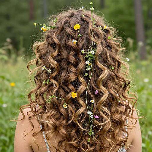Photograph of a woman with long, wavy brown hair adorned with small yellow, white, and purple wildflowers, standing in a green, forest