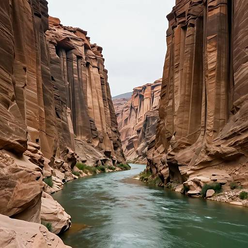 Photograph of a narrow, canyon-like river with turquoise water, surrounded by towering, reddish-brown sandstone cliffs under a bright sky.