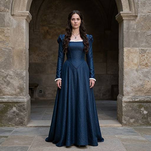 Photograph of a solemn woman with long dark hair in a blue, Victorian-style gown, standing in a stone archway.