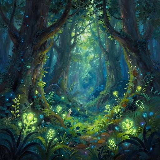 Digital fantasy artwork of a luminous, enchanted forest with glowing green and blue fireflies, bioluminescent plants, and a mystical, misty