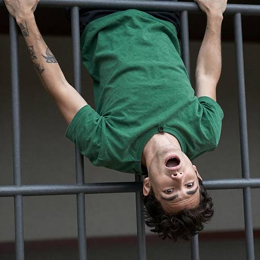 Man Upside-Down with Tattoos and Bars