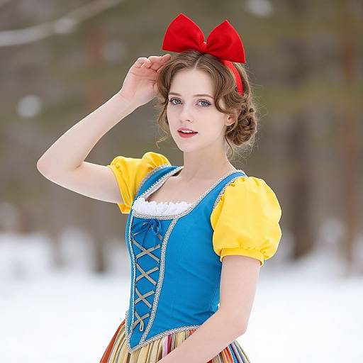 Photograph of a young woman with fair skin, brown curls, wearing a blue and yellow Snow White costume with red bow, posing outdoors in a snowy