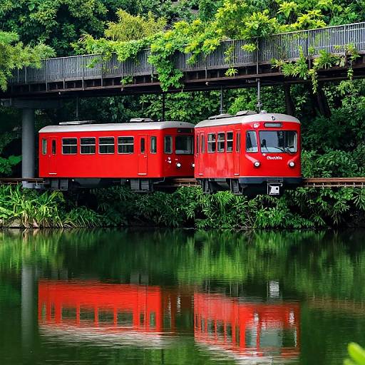 Vibrant photograph of a bright red train crossing over a lush green forest, reflected in a calm, mirror-like river below.
