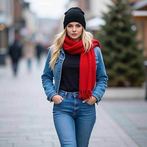Photograph of a blonde woman in a black beanie, red scarf, denim jacket, and jeans walking down a blurred urban street.