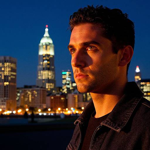Photograph of a serious, short-haired man with fair skin and dark jacket, illuminated by city lights, against a night skyline with illuminated skyscrapers