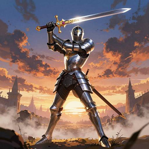 Digitally rendered image of a knight in shiny silver armor, holding a glowing sword, standing triumphantly at sunset with a dramatic, cloud-filled sky and