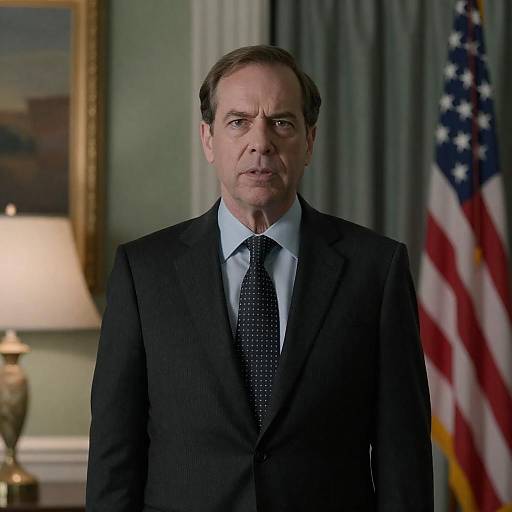 Serious Middle-Aged Man in Suit with American Flag