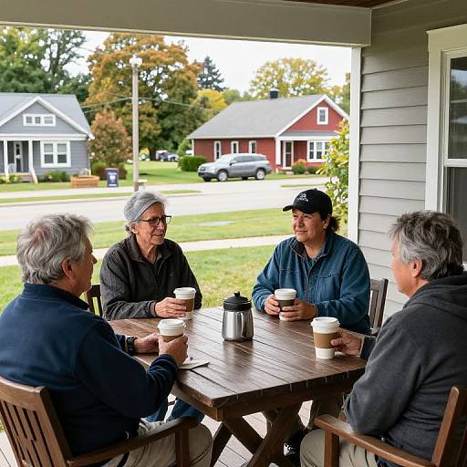 Photograph of four elderly men, three with gray hair, one wearing a black cap, sitting at a wooden table on a porch, each holding coffee