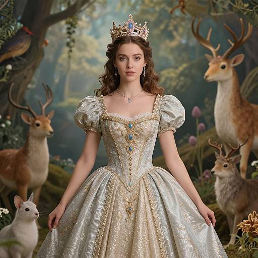 Photograph of a fair-skinned woman with wavy brown hair, wearing a gold crown, ornate white and gold ball gown, standing in a