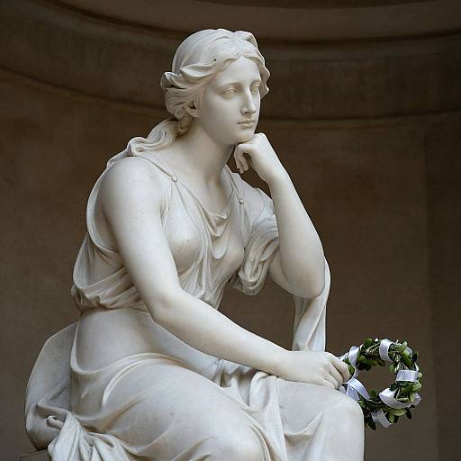 Photograph of a classical white marble statue of a contemplative woman in a draped gown, holding a wreath, with soft shadows highlighting her serene expression
