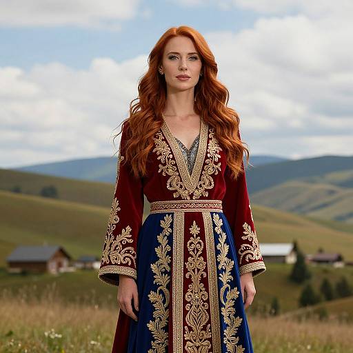 Photograph of a red-haired woman with long wavy hair wearing an ornate, medieval-style red and blue dress with gold embroidery, standing in a