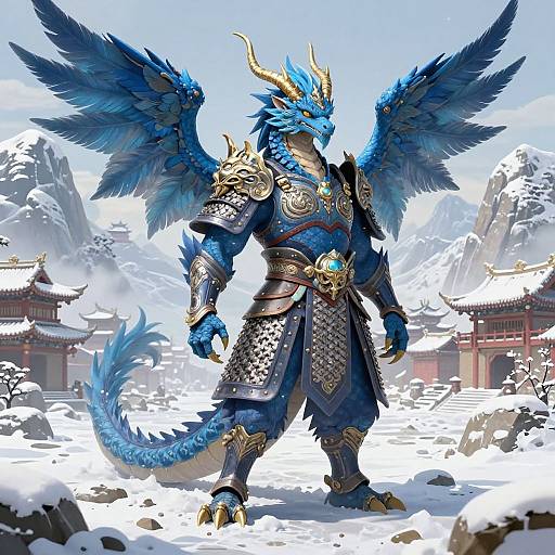 Digital artwork of a blue-scaled, winged dragon warrior in ornate gold and blue armor, standing in a snowy mountain temple setting.