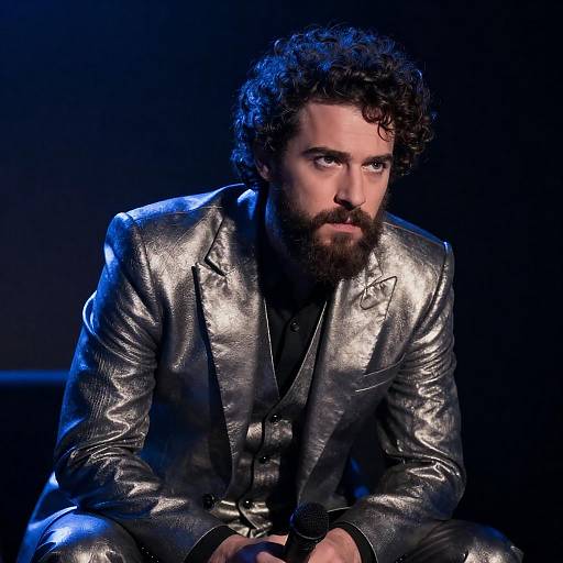 Intense Bearded Man in Metallic Suit