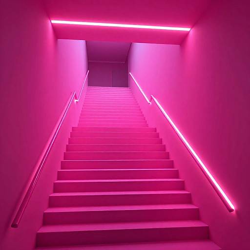 Photograph of a brightly lit, pink neon-lit staircase with parallel railings, leading to a darkened door at the top.
