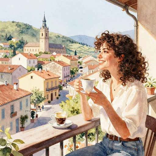 Cheerful Woman Enjoying Coffee on Balcony