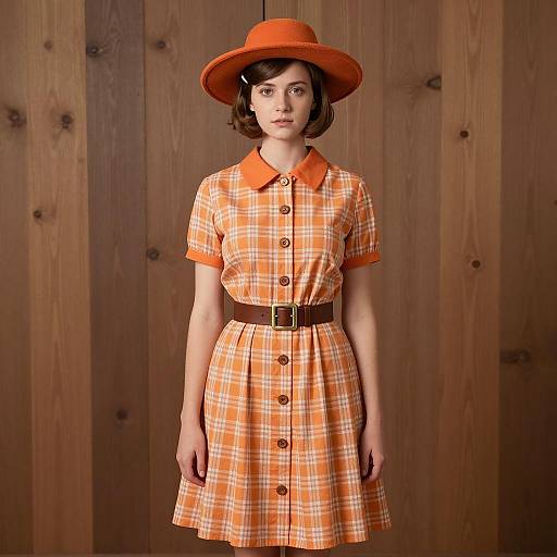 Young Woman in Orange 1960s Style Dress and Hat