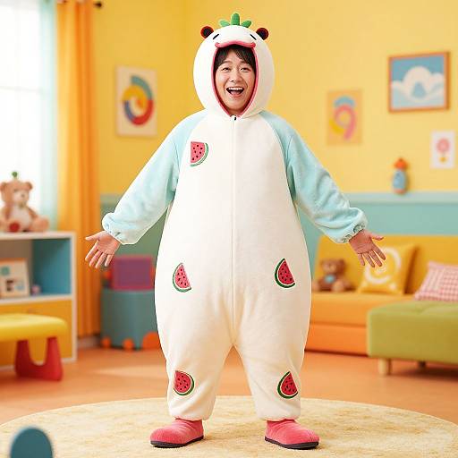 Photograph of a smiling child in a white watermelon-themed onesie with pink shoes, standing in a brightly lit, colorful children's room.