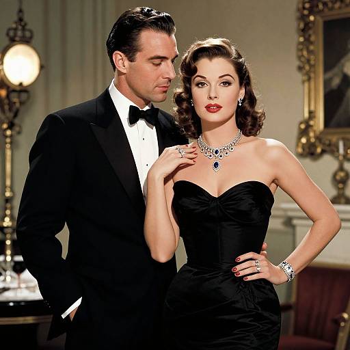 Photograph of a 1950s-style couple; man in black tuxedo, woman in strapless black gown, jeweled necklace, elegant