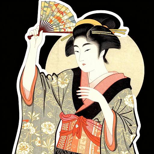 Digital illustration of a traditional Japanese geisha with black hair, floral kimono, red obi, and fan, against a yellow moon background.