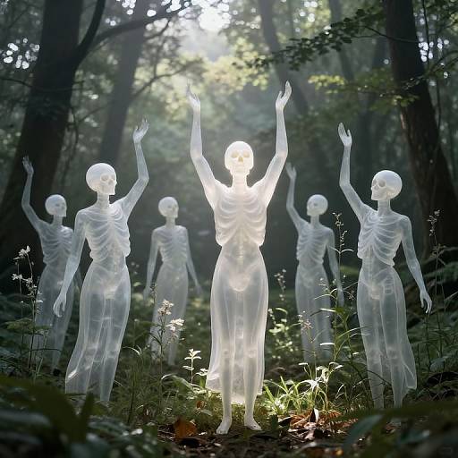 Photorealistic digital artwork of ethereal, translucent, skeletal figures with raised arms, glowing in a sunlit, dense forest.