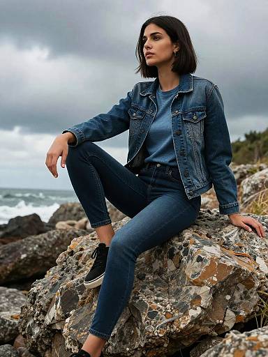 Young Woman in Denim Jacket on Rocky Coast