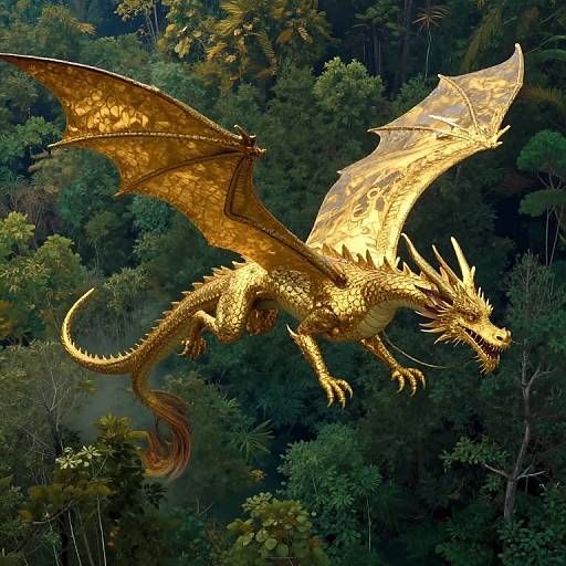 Glowing golden dragon with large, translucent wings soaring through a dense, lush green forest, illuminated by sunlight. Digital art.