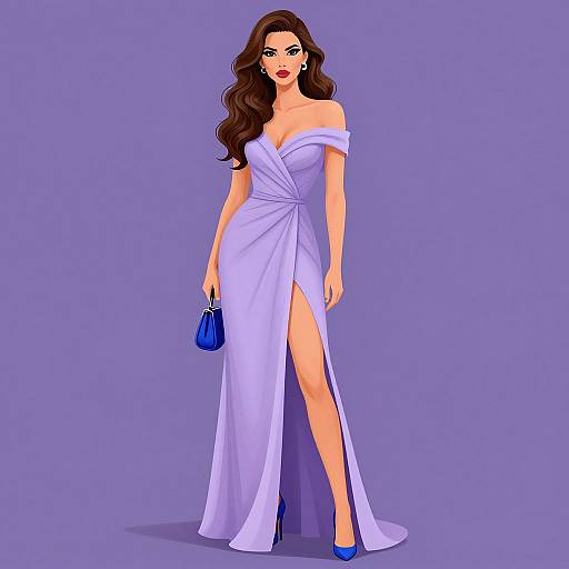 Digital illustration of a beautiful woman with long brown hair, wearing an off-shoulder, lavender gown with a high slit, holding a blue purse,