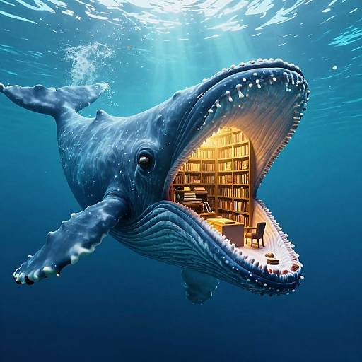 Photorealistic CGI of a massive blue whale with its mouth open, revealing an illuminated, cozy bar interior with chairs and tables. Sunlight filters through