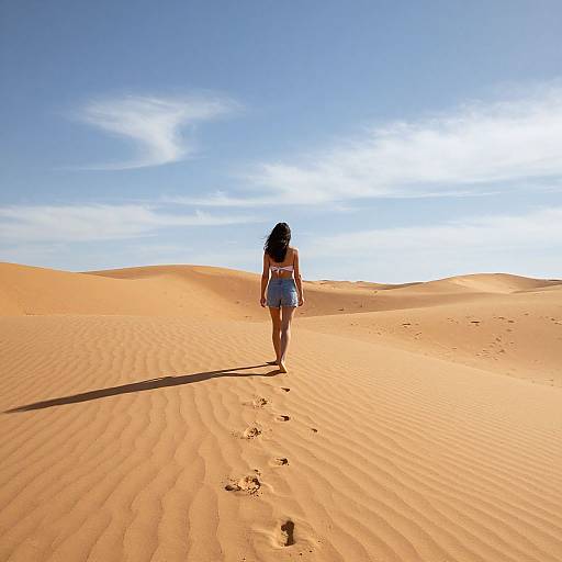 Photograph of a woman with long black hair, wearing a white top and blue shorts, walking alone in a sunlit, rippled sand dune