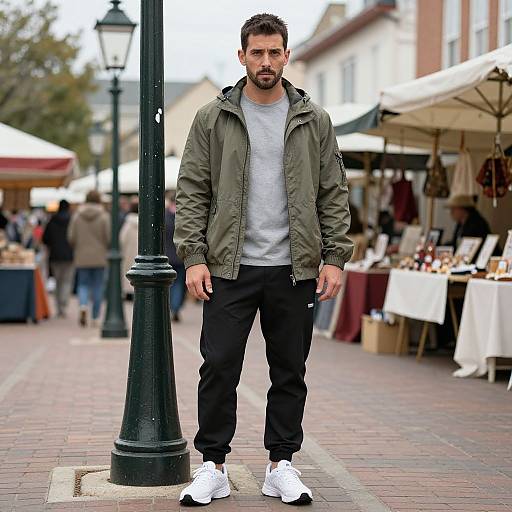 Photograph of a bearded man with short dark hair, wearing an olive-green jacket, white t-shirt, black pants, and white sneakers, standing