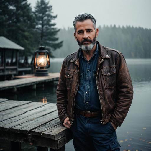 Man in Leather Jacket by Foggy Lake Dock