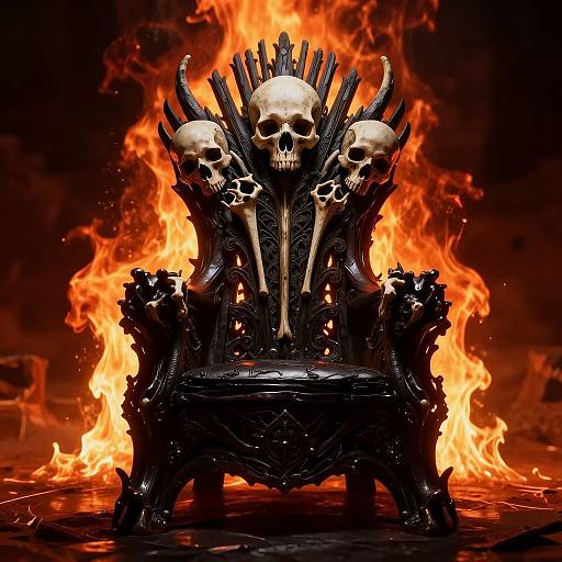 Photorealistic digital artwork of a black, skull-adorned throne with flames in the background, featuring three skulls and intricate, gothic carv