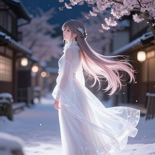 Digital anime artwork of a long-haired girl in a glowing white dress, standing in a snowy, cherry blossom-lit, traditional Japanese street at night.