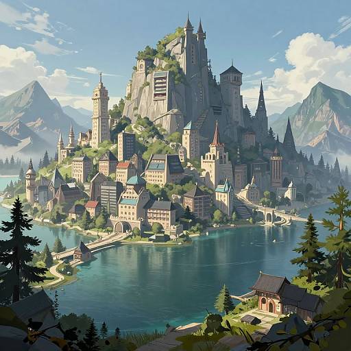 Digital fantasy artwork of a majestic, castle-topped island with medieval buildings, lush greenery, and a serene blue lake, surrounded by mountains and a