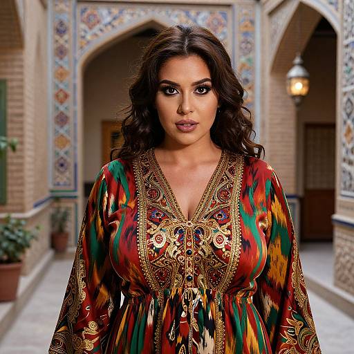 Confident Woman in Uzbek Silk Ikat Dress