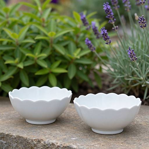 Photograph of two white, scallop-edged ceramic bowls on a stone surface, surrounded by green foliage and blooming purple lavender.